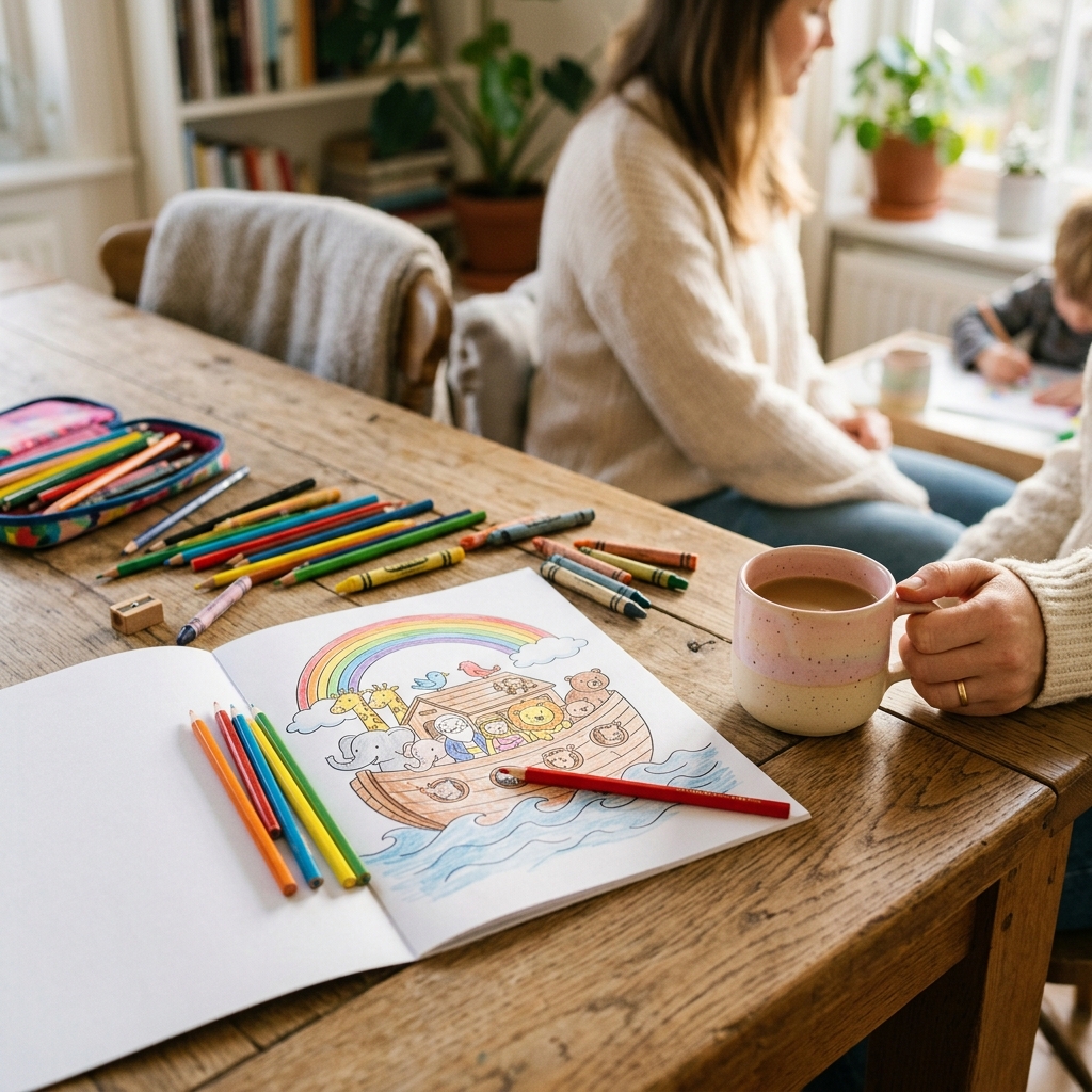 Família reunida à mesa colorindo histórias bíblicas com luz natural